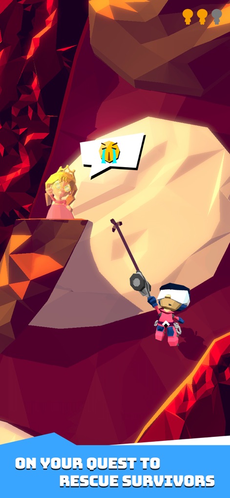 Hang Line: Mountain Climber - Witness the core objective as the climber extends a grappling hook to a distressed survivor, here depicted as royalty in a dangerous volcanic cave.