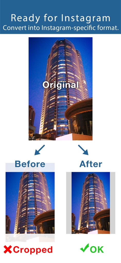Squaready - This tool ensures images are perfectly 'Instagram-ready,' demonstrating how original photos are transformed to fit Instagram's format without cropping, by intelligently adding subtle background padding.