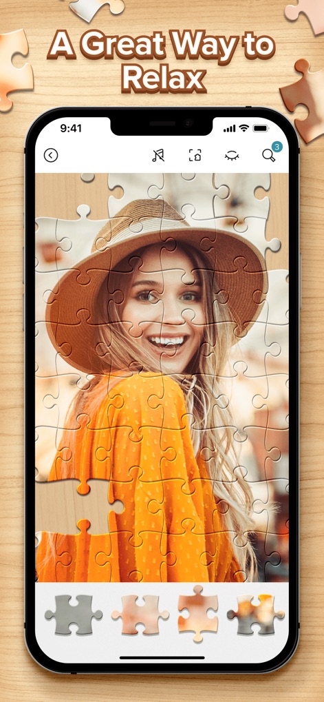Jigsaw Puzzles: Puzzle Game HD - This image showcases the app's calming aesthetic, presenting a completed puzzle of a serene portrait designed for a stress-free experience.