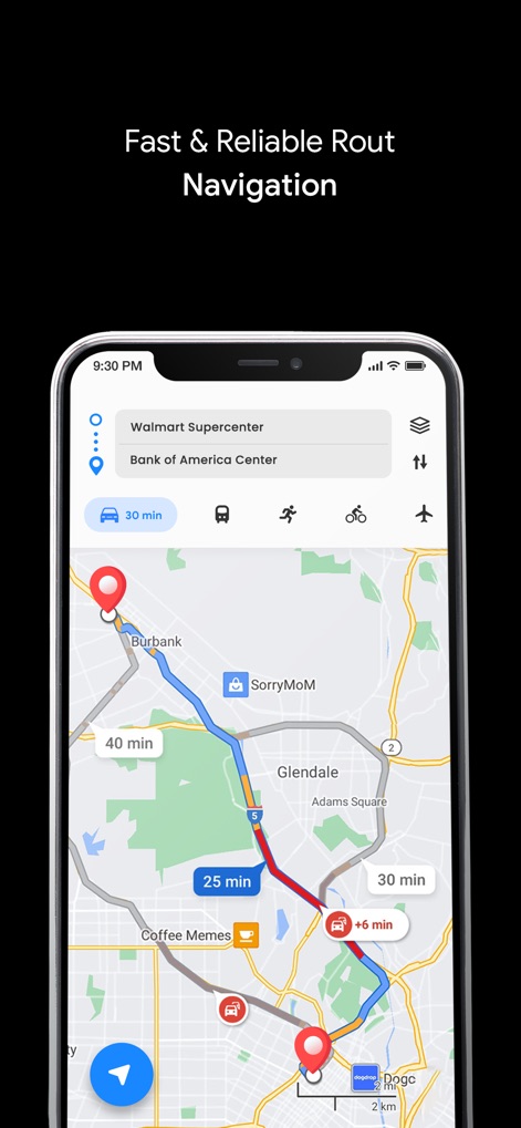 GPS Live Navigation & Live Map - The app displays optimized routes with estimated travel times and offers options for various transportation modes like driving and public transit.