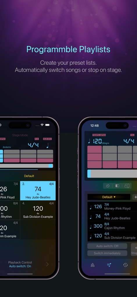 Pro Metronome - Tempo & Tuner - Organize practice and performance flows using programmable playlists, which display saved tempos and song titles for quick recall.