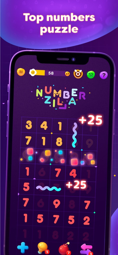 Numberzilla: Number Match Game - El tablero de juego presenta vibrantes números de colores y animaciones de puntuación que hacen que cada movimiento sea gratificante y visualmente atractivo.