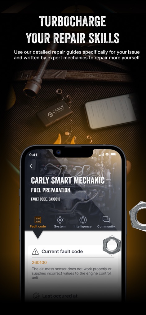 Carly — OBD2 car scanner - Explore the 'Carly Smart Mechanic' feature that provides specific fault code explanations, such as 'The air-mass sensor does not work properly,' along with actionable repair advice.