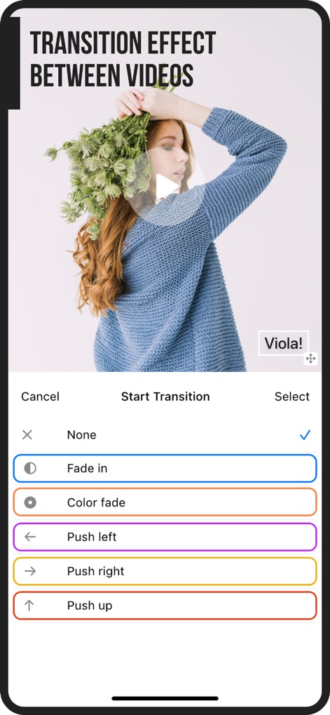 Add Music to Video :cut editor - A ferramenta oferece uma gama de efeitos de transição para suavizar a passagem entre vídeos, com opções visíveis como 'Fade in' e 'Push left'.