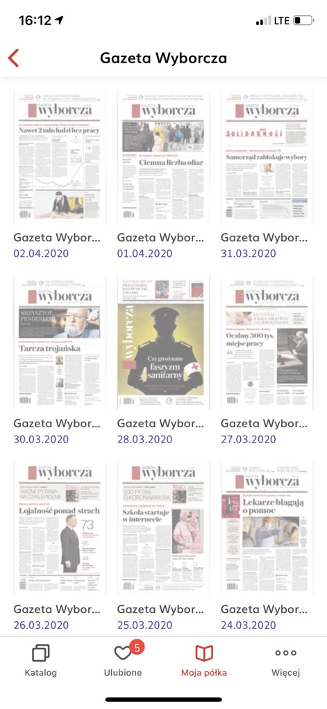 Publio - ebooki, audiobooki - 이 스크린샷은 'Gazeta Wyborcza'와 같은 전자 신문의 발행물 목록을 제공하며, 사용자는 날짜별로 정리된 표지 미리보기와 간단한 스크롤 인터페이스를 통해 원하는 신문을 쉽게 찾아볼 수 있습니다.