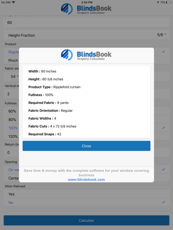 BlindsBook Drapery Calculator iPad screenshot 3 - Business app