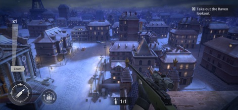 Warpath: Ace Shooter - Der Spieler erlebt die Winterlandschaft einer verschneiten Stadt aus der First-Person-Sicht eines Scharfschützen, mit klaren Anweisungen zum Ausschalten des feindlichen Beobachtungspostens.