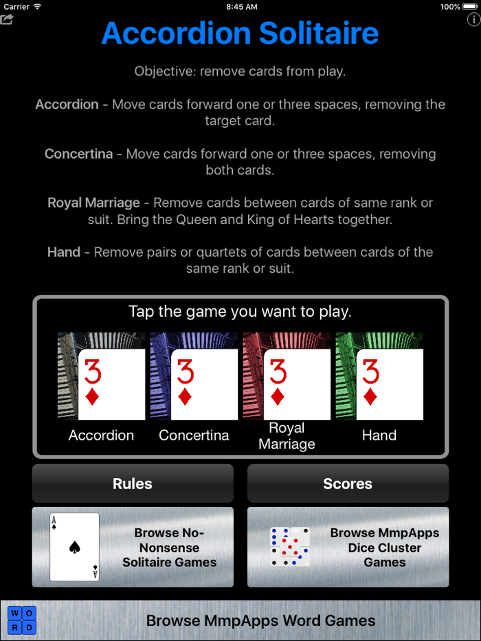 Accordion Solitaire  Variants