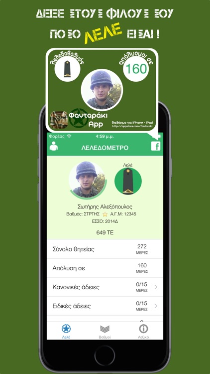 Φανταράκι - Λελεδόμετρο, Διακριτικά & Λεξικό Στρατού