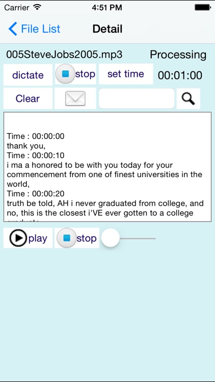 Audio transcription by speech recognition on file
