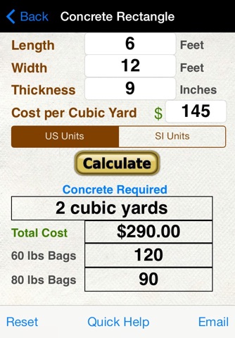Concrete Bags, Footings, Rectangle, & Sono Tube Calculator with Volume from Rainfall Calc screenshot 3