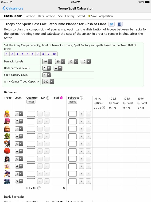 Clash Of Clans Troop Calculator