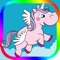 Flutter the Unicorn is a winged pegasus flying through a world of rainbows and castles