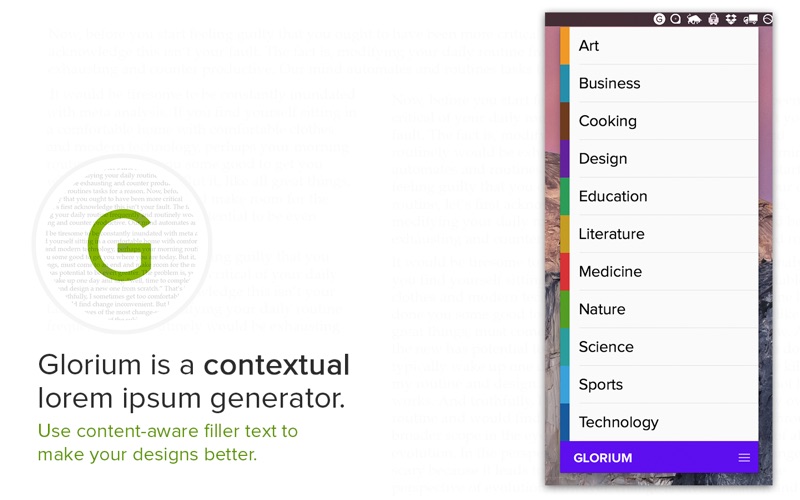 Glorium - a contextual lorem ipsum generator