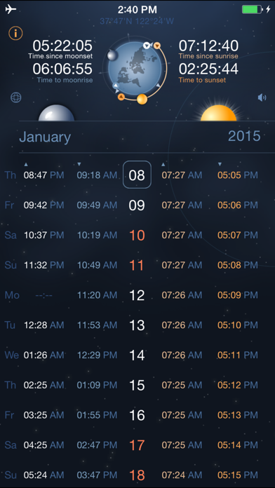 Screenshot #1 pour Raise and Set Times - Moonrise, moonset, sunrise, sunset times and compass