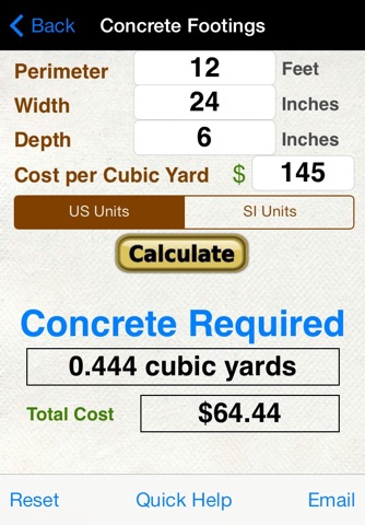 Concrete Bags, Footings, Rectangle, & Sono Tube Calculator with Volume from Rainfall Calc screenshot 2