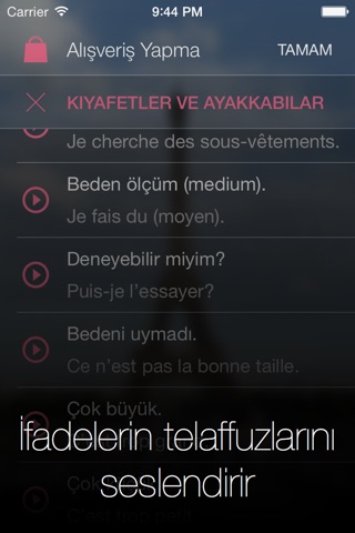 Fransızca Konuşma Kılavuzu - Sesli, telaffuza yardımcı turistik cümle kitapçığı ve Türkçe bilenler için yabancı dil öğrenme rehberi screenshot 3