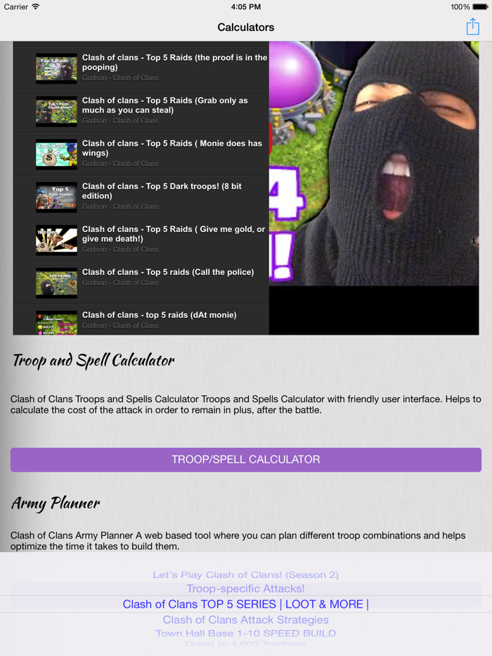 Calculators for Clash Of Clans - Video Guide Strategies Tactics and Tricks with Calculators