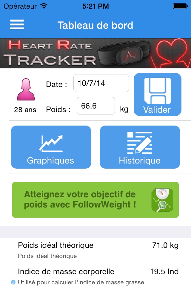 Physio Tracker, calculate and monitoring BMI, BFM, ideal weight and basal metabolism. screenshot 2