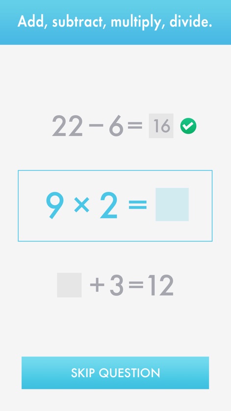 Quick Math - Mental Arithmetic - This screen showcases the app's ability to present varied arithmetic problems, including multiplication and missing value equations, for comprehensive skill development.