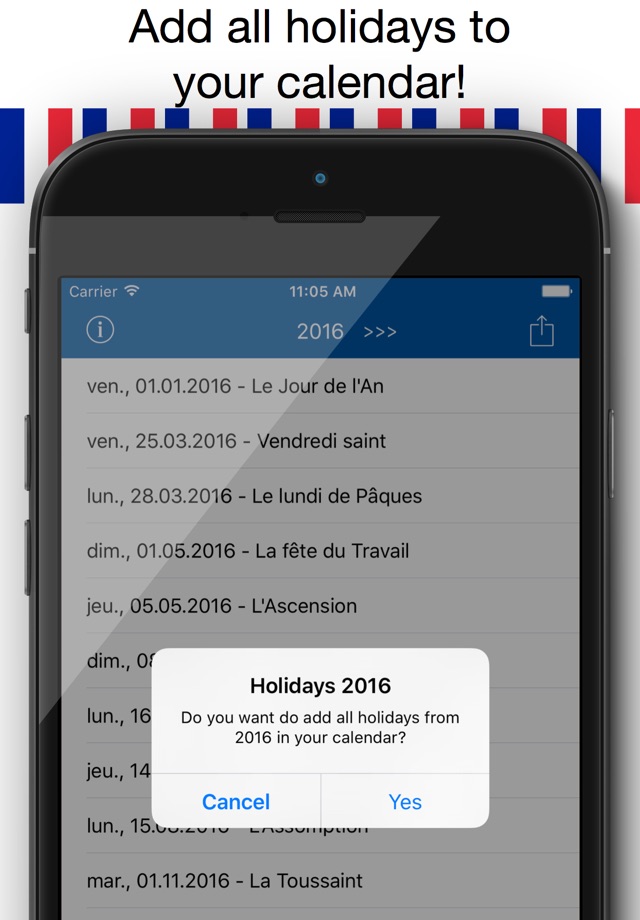 Jours Fériés Français - Holiday Calendrier 2016 en France pour des vacances de planification screenshot 2