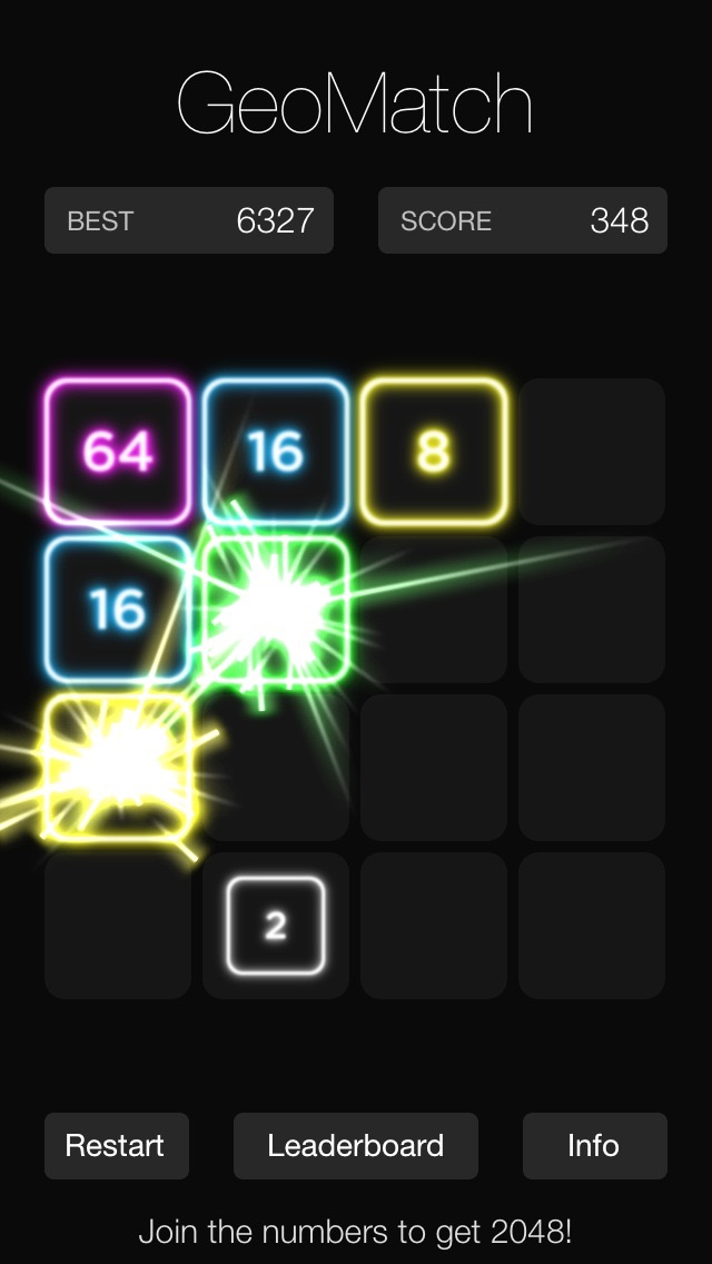 Screenshot #1 pour GeoMatch - 2048 experience with glowing neon particle explosions