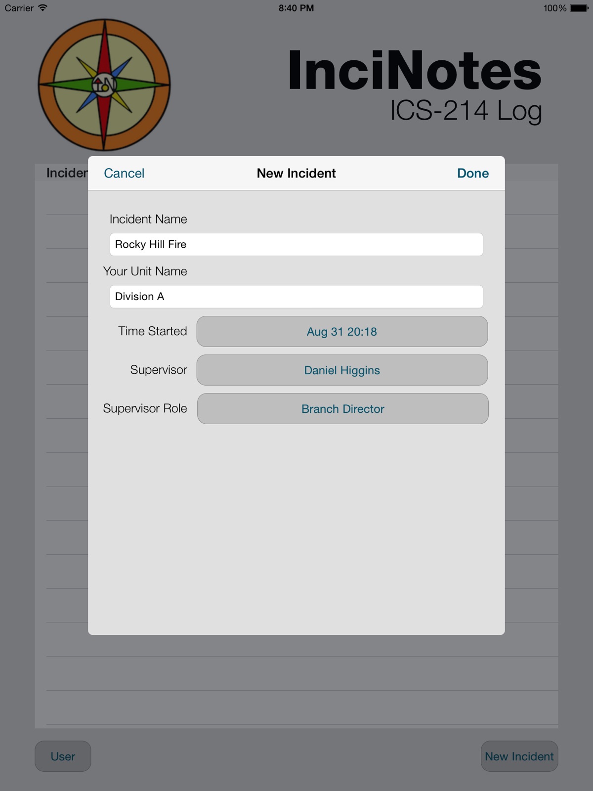 InciNotes ICS 214 ipad screenshot 1