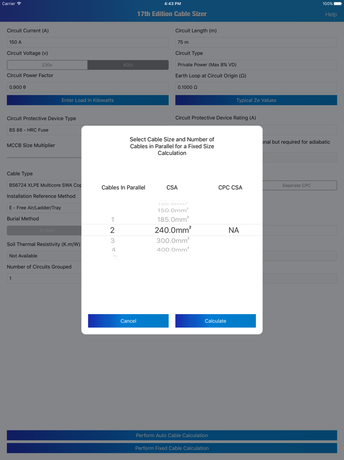 17th Edition Cable Sizer - Cable Size Calculator