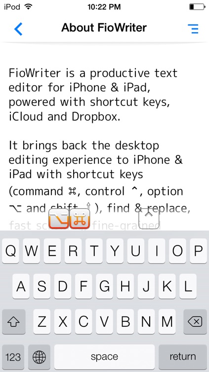 FioWriter Lite - Productive text editor for iPhone & iPad with command keys and cloud sync screenshot-3