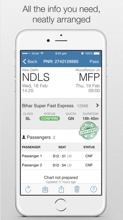 Rail Pass™ - IRCTC PNR status enquiry. Add Indian Railway train ticket to Passbook using RailPass.