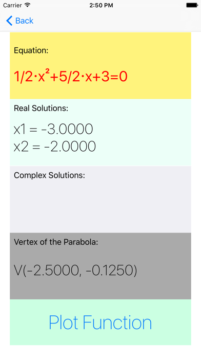 Parabola - quadratic and biquadratic equation solver, real and complex solutions Screenshot