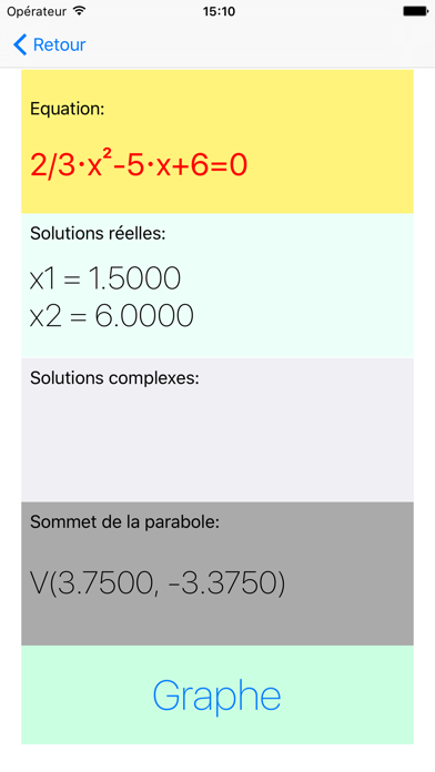 Screenshot #3 pour Parabole - résout les equations quadratiques et biquadratiques, solutions réelles et complexes