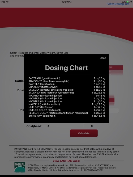 Zactran Cost Calculator for iPad