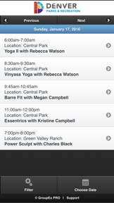 Denver Park and Recreation - Group Fitness Schedule screenshot
