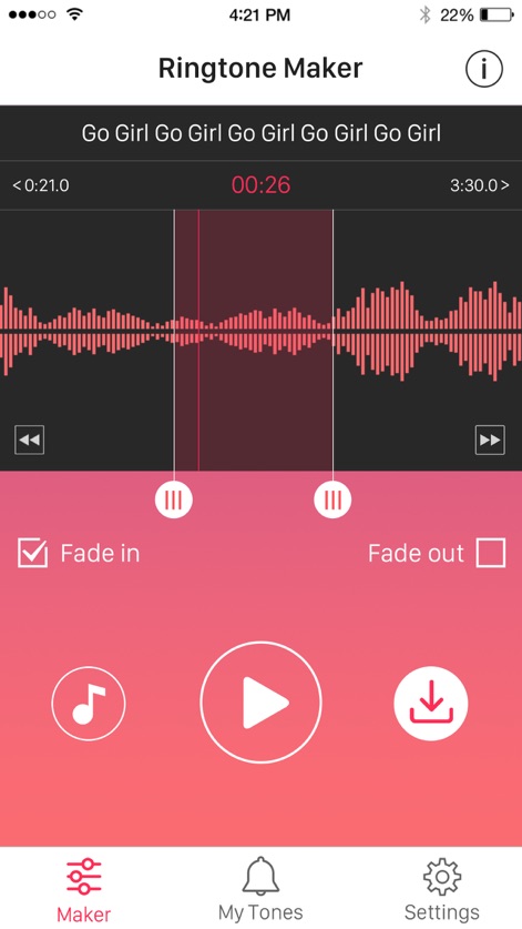 Ringtone Maker – create ringtones with your music - L'app offre un editor intuitivo per selezionare la parte desiderata di un brano, visualizzato tramite l'onda audio dettagliata, e permette di affinare il suono con le opzioni di "Fade in" e "Fade out" per un effetto professionale.