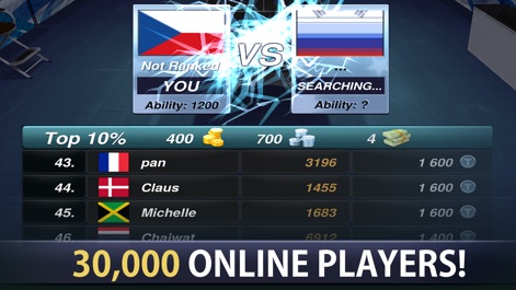 Table Tennis Champion - Die App fördert den Wettbewerb durch ein detailliertes Leaderboard mit internationalen Spielern und eine dynamische "VS"-Anzeige, die die Gegnersuche visualisiert.