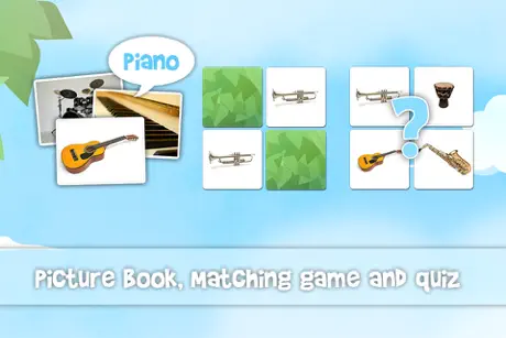 Musical instruments sounds flashcards and matching pairs game fo