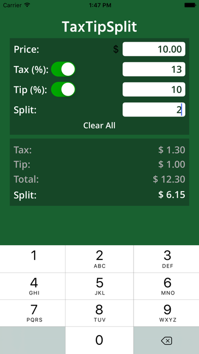 Screenshot #1 pour TaxTipSplit - easy calculator for your tax, tip, and bill split