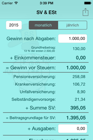 SV & ESt - social security (SVA) and income tax calculator for self-employed people in Austria screenshot 2