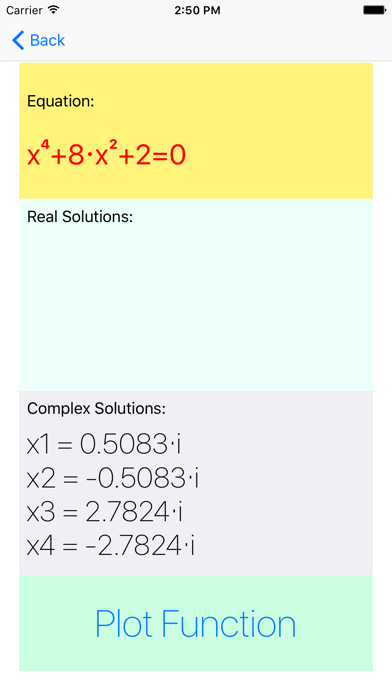 Parabola - quadratic and biquadratic equation solver, real and complex solutions Screenshot