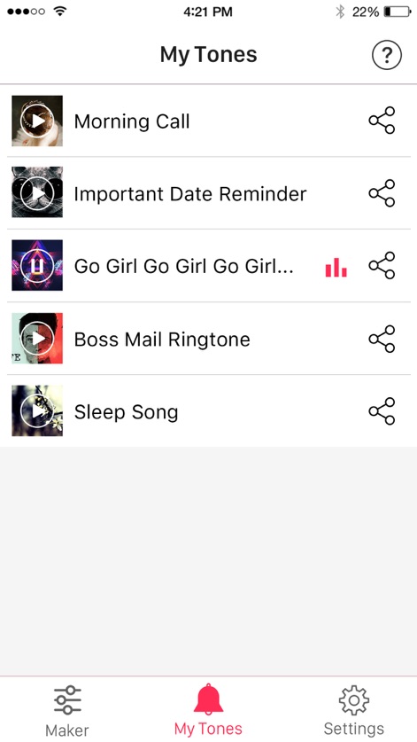 Ringtone Maker – create ringtones with your music - Gli utenti possono facilmente gestire e rivedere le loro suonerie personalizzate da un elenco organizzato, ciascuna completa di titolo e con le pratiche icone per la riproduzione e la condivisione diretta.