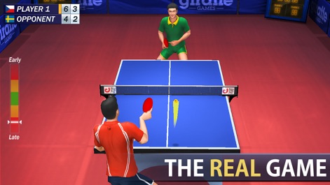 Table Tennis Champion - Die App überzeugt mit realistischer 3D-Grafik, die Spieler und Spielfeld detailreich darstellt, und einem übersichtlichen Scoreboard, das den aktuellen Spielstand zwischen "PLAYER 1" und dem "OPPONENT" anzeigt.