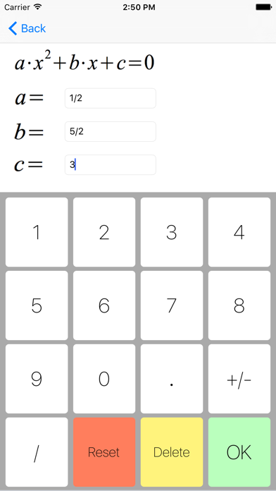 Parabola - quadratic and biquadratic equation solver, real and complex solutions Screenshot