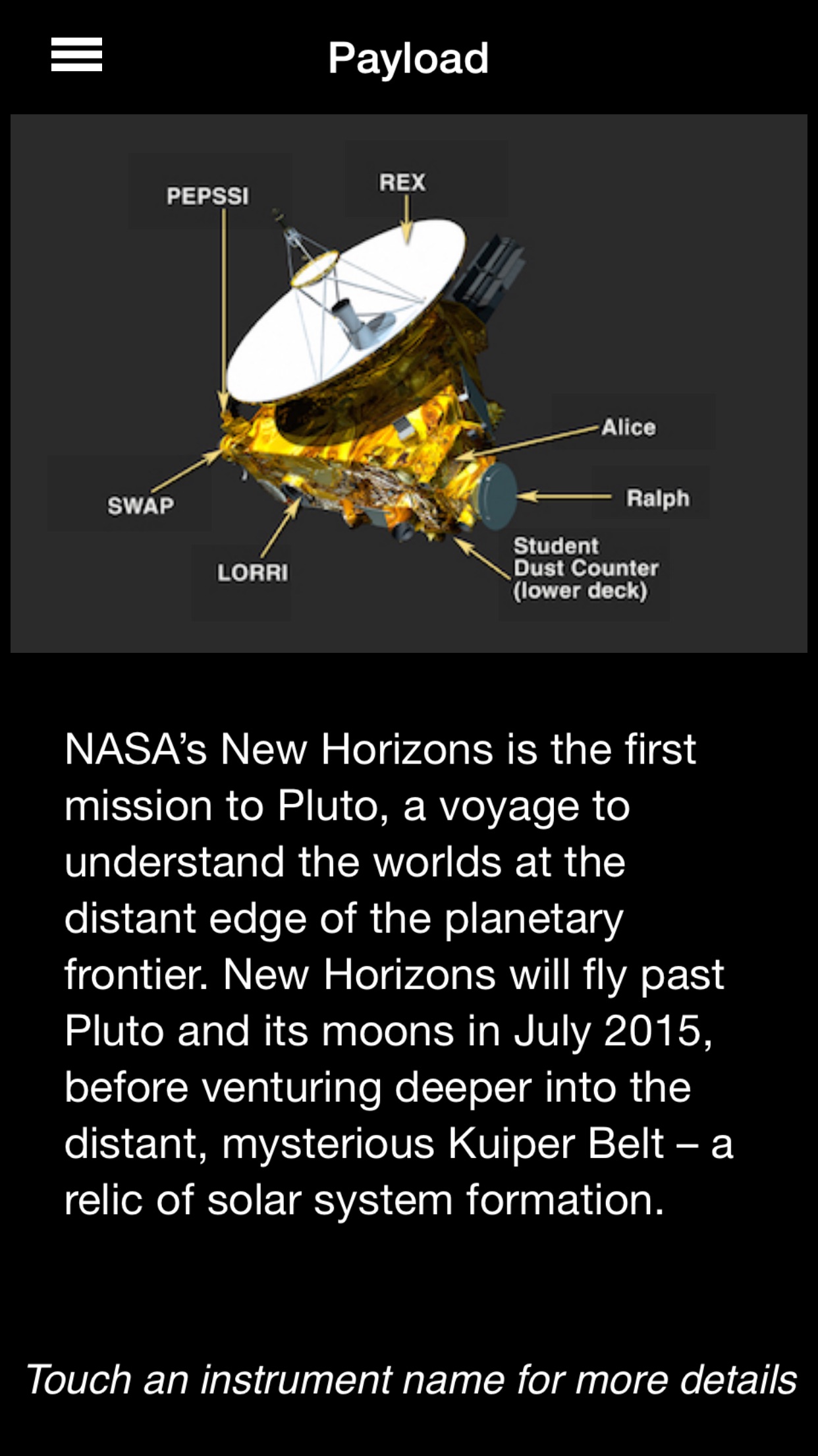 Screenshot do app New Horizons: a NASA Voyage to Pluto