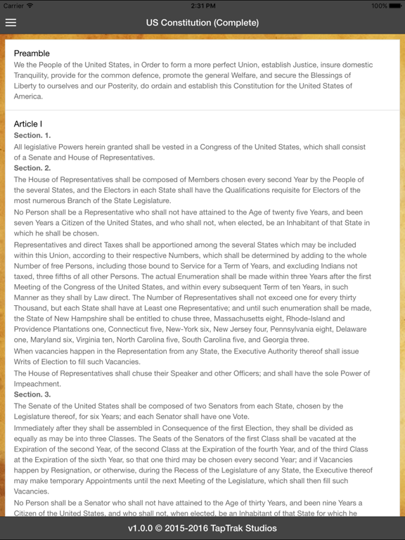 US Constitution - TapTrak Studios iPad screenshot 3 - Reference app