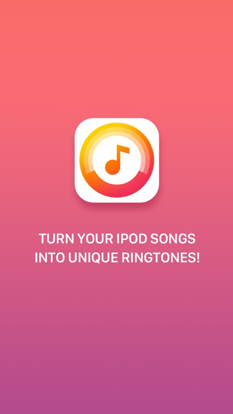 Ringtone Maker – create ringtones with your music - La schermata di avvio cattura l'attenzione con l'icona distintiva dell'app e un messaggio potente che invita a trasformare le canzoni dell'iPod in suonerie esclusive, evidenziando la proposta di valore principale.