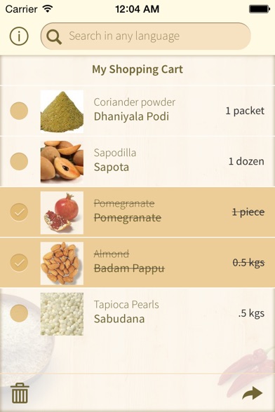 Screenshot of DesiGro - Indian Grocery names in multiple languages. Convert, translate, share and create desi shopping lists