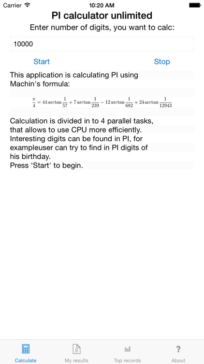 Calculation of PI Unlimited