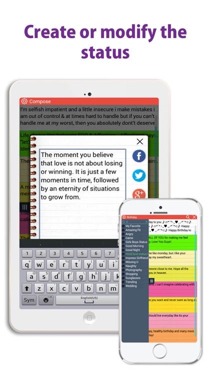 Status and quotes for FB, Whatsapp and Twitter, soStatus - one tap posting on social media