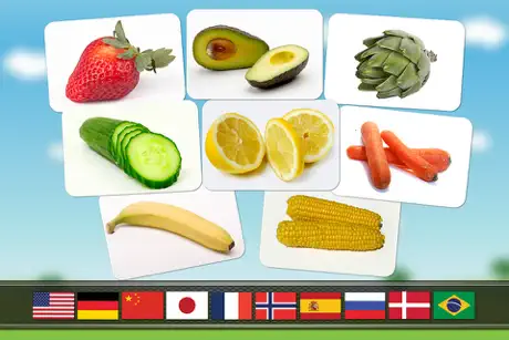 Fruits and vegetables flashcards quiz and matching game for todd